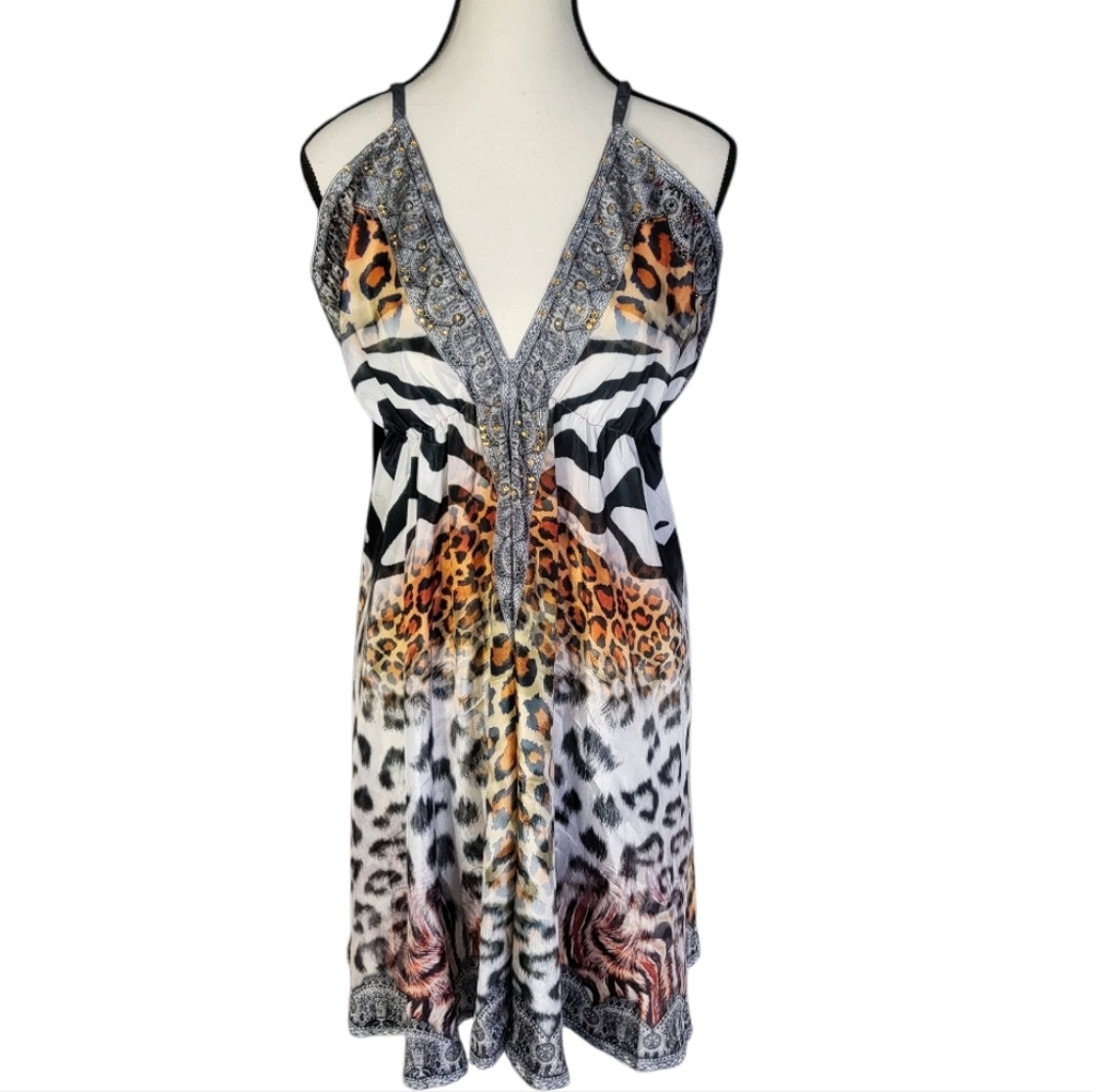 Women's Silk Animal Print Lightweight Babydoll Slip Dress Rhinestones Size 8/10